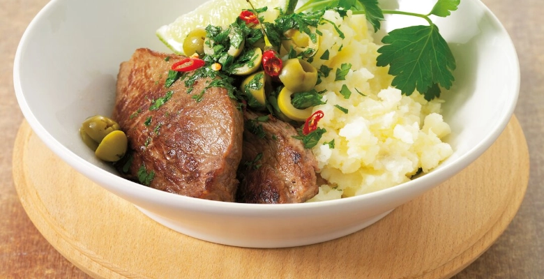 Escalopes et écrasée de pommes de terre bio